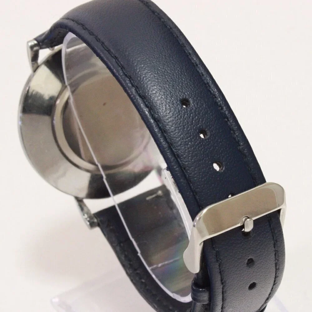 Men's Minimalist Fashion Watch Silver Case White Dial Navy Blue Strap 40mm
